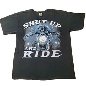 Vintage Liquid Blue Shut Up And Ride Biker Skull Motorcycle T-shirt